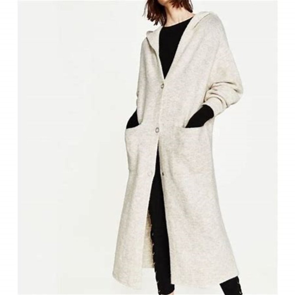 ZARA KNIT long hooded snap front cardigan